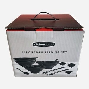Kitcheneered 24-Pcs Ramen Serving Set Black Melamine Bowls Spoons Chopsticks NIB